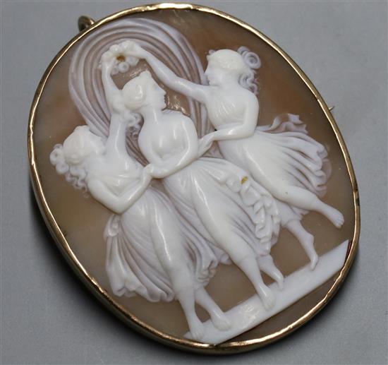 A Three Graces cameo brooch in unmarked yellow metal mount, 48mm.